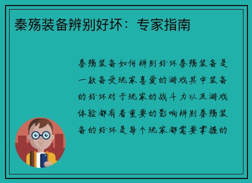 秦殇装备辨别好坏：专家指南